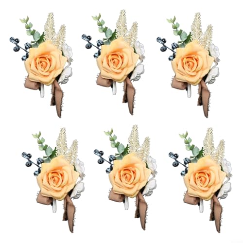 HavenDomicile 6 Stück künstliche Rosen Hochzeit Corsage Set, Retro Stoff Boutonniere für Bräutigam, Trauzeugen, Brautjungfer und Trauzeugen (orange) von HavenDomicile