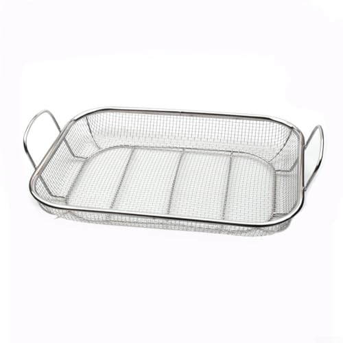 Quadratischer Edelstahlkorb zum Grillen und Kochen, zum Servieren von Obst und Gemüse, mit praktischem Griff, 42 x 28 x 10 cm, 5 cm (Reinigungsbürste) von HavenDomicile