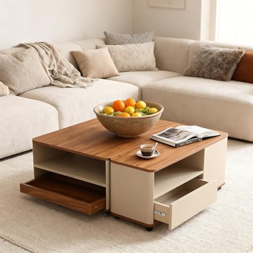 Couchtisch auf Rollen 2er Set, Wohnzimmertisch mit Schublade und Ablagefächern, Kaffeetisch Sofatisch aus Holz - Offenes Fach, Couch Tisch Beistelltisch für Wohnzimmer Büro (couchtisch rechteckig) von HavenGlide