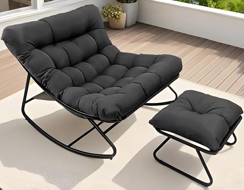 Outdoor Schaukelstuhl mit Hocker - Garten Schaukelsessel mit Gepolsterter | Schwingsessel Wohnzimmer, Bequemer Großer Relaxstuhl 150 kg Belastbar für Garten Terrasse Balkon (Schwarz) von HavenGlide