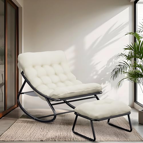 HavenGlide Schaukelstuhl für drinnen & draußen mit Kissen, XXL Schaukelsessel mit Hocker, Outdoor Lounge Sessel, Relaxsessel Relaxstuhl bis 150 kg Belastbar für Garten Balkon Wohnzimmer (Weiß) von HavenGlide