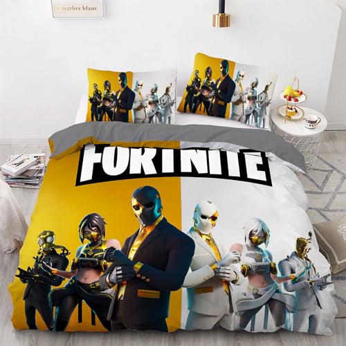 Kinder Fortnite Bettbezug 135 x 200 cm Jungen Mädchen Bettwäsche Gamer Cartoon Games Microfaser Bettwäscheset Gold Weiß Grau Öko-TexBettbezug-Set Und 1 Kissenbezug (80 x 80 cm) with Zip von HavenVelvo