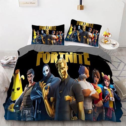 Kinder Fortnite Bettwäsche 135 x 200 cm Bettbezug Gamer Jungen Mädchen Cartoon Games Microfaser Bettwäscheset Gold Schwarz Grau Öko-TexBettbezug-Set Und 2 Kissenbezug (80 x 80 cm) with Zip von HavenVelvo