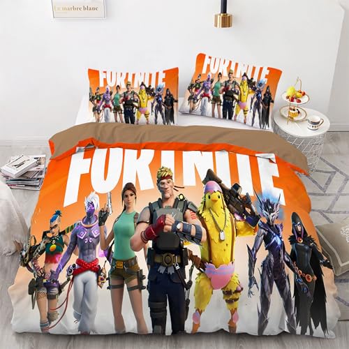 Kinder Gamer Bettbezug 135 x 200 cm Jungen Mädchen Bettwäsche Fortnite Cartoon Games Microfaser Bettwäscheset Orange Braun Öko-TexBettbezug-Set Und 1 Kissenbezug (80 x 80 cm) with Zip von HavenVelvo
