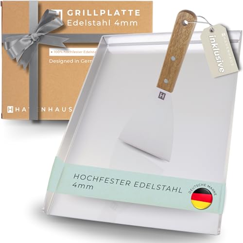 HAVENHAUS Plancha Grillplatte Edelstahl [40x30cm] | Massive Grillplatte 4mm dicke Plancha Grillplatte Gasgrill & Kohlegrill | Edelstahl Plancha 100% verzugsfrei | Edelstahlplatte Grill 4.2kg schwer von Havenhaus