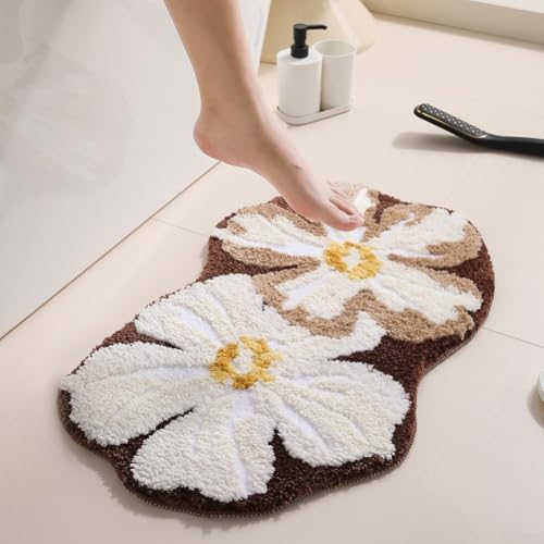 Beflockter Badezimmerteppich in Blumenform, extra saugfähige, rutschfeste Mikrofaser-Bodenmatte mit TPR-Rückseite, niedliches geschwungenes Design, 45 x 65 cm (Milchkaffeebraun) von HavenlyCove