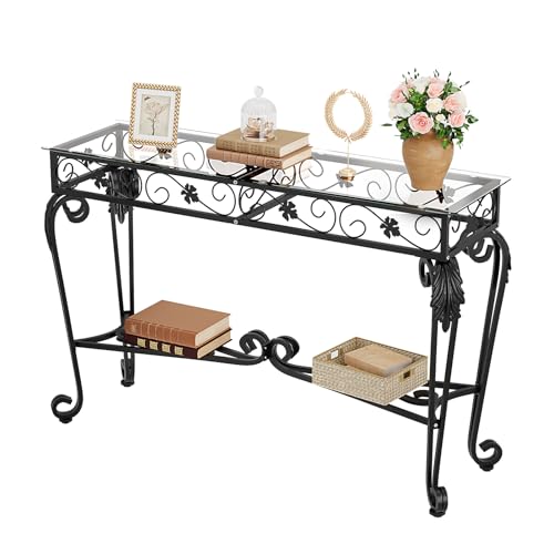 HavenlyYouth Konsolentisch, 120 cm, gehärtetes Glas, Sofatisch, Vintage-Eingangstisch mit Metallrahmen, Flurtisch für Wohnzimmer, Eingang, Foyer, verstellbare Füße (schwarz) von HavenlyYouth