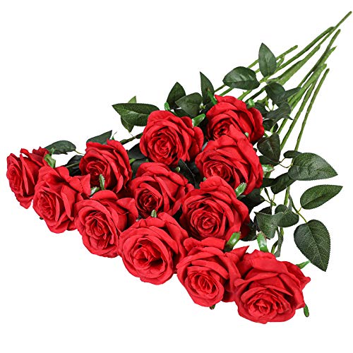 Hawesome 12PCS Künstliche Rosen Gefälschte Blumen Einzelne Lange Stielrosen Hochzeitsdekoration Brautstrauß Dekorative Blumenarrangement Dekoration Party Mittelstücke in Rot Weiß (A Rot) von Hawesome