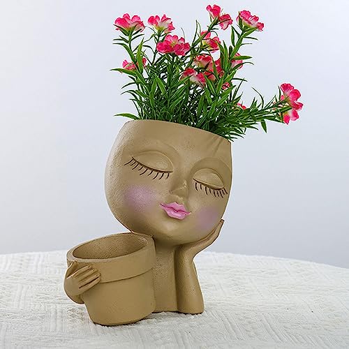 Hawofly Gesich Blumentopf Gesicht Pflanztopf Sukkulenten Pflanzgefäße süßer Kunstharz,Kaktus-Pflanzgefäß mit Ablaufloch Niedliche Dame Statue Dekor Plan Topf Geschenk (Khaki) von Hawofly