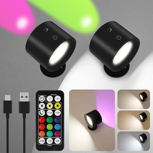 Hawofly LED Wandleuchte Innen,Ohne Stromanschluss Touch Control Akku Wandlampe mit Fernbedienung,Kabellos Nachttischlampe 3 Farbmodi 9 RGB,360° Drehbare Dimmbar Wandlicht für Schlafzimmer Wohnzimmer von Hawofly