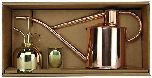 Haws Zimmergießkanne Kupfer 1 L und Pflanzensprüher Messing 300 ml im Geschenk Set von Haws