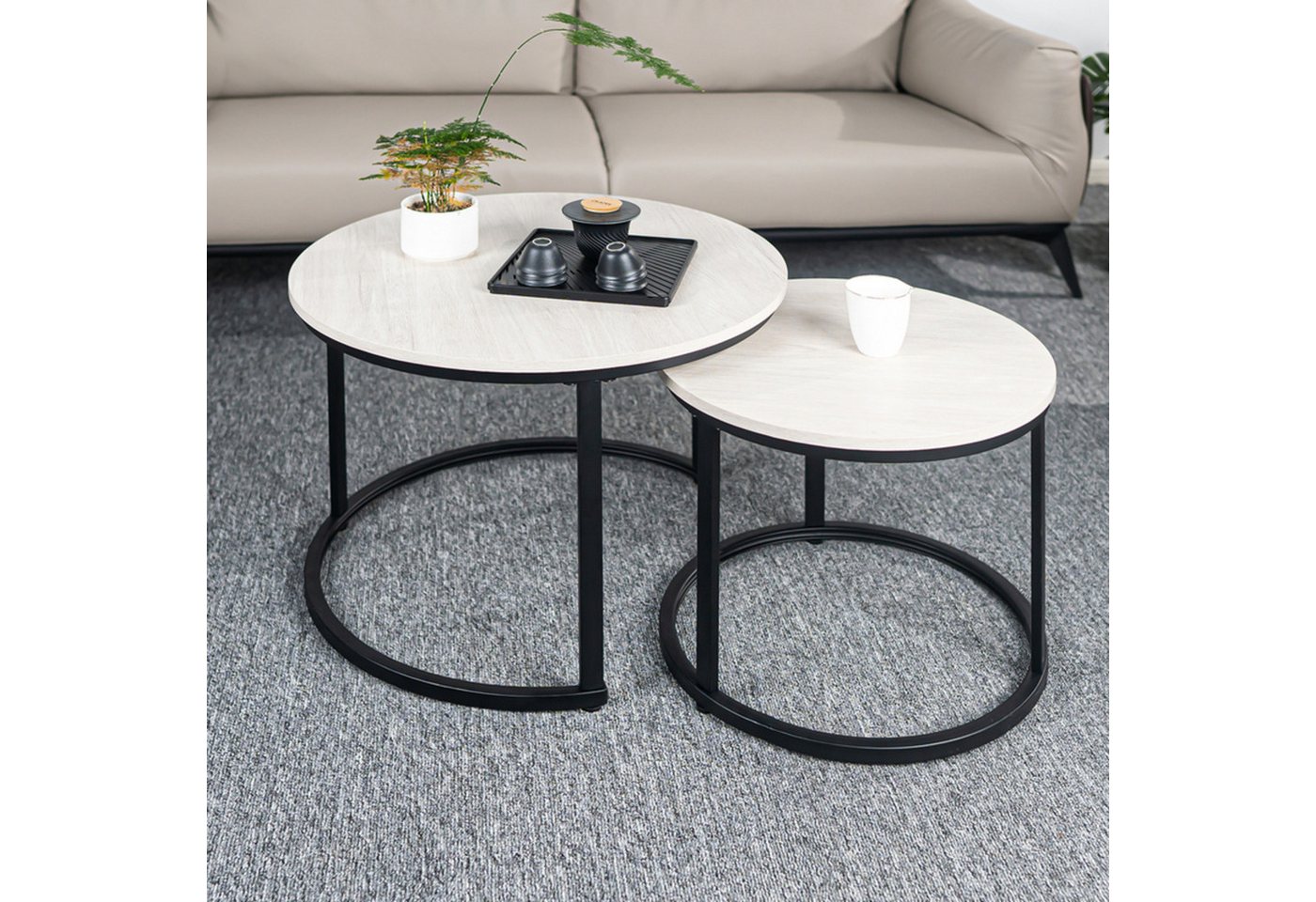 HawthyHome Couchtisch 2er-Set runde Beistelltische aus Holz & Metall (2-St), Moderne Kaffeetische für Wohnzimmer Schlafzimmer von HawthyHome