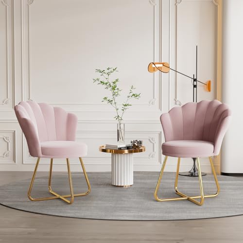 Hawthyhome 2er Set Polstersessel esszimmerstühle，Stuhl schminktisch， Stuhl samt，Blütenblatt-Rückenlehne Lehnstuhl mit Metallbeinen Gold，Bis 350lb belastbar Rosa von Hawthyhome