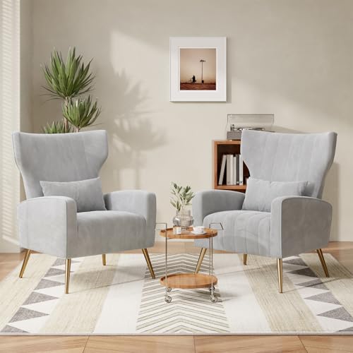 Hawthyhome 2er-Set Relaxsessel/Einzelsofa/Fernsehsessel/Ohrensessel mit Kopfkissen und Gold Metallfüßen aus Samt bis 130kg Schlafzimmer Wohnzimmer Gray von Hawthyhome