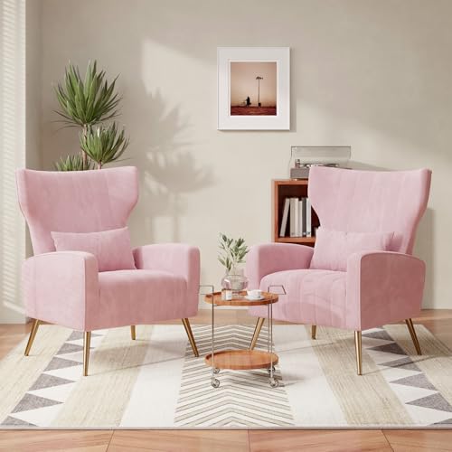 Hawthyhome 2er-Set Relaxsessel/Einzelsofa/Fernsehsessel/Ohrensessel mit Kopfkissen und Gold Metallfüßen aus Samt bis 130kg Schlafzimmer Wohnzimmer Rosa von Hawthyhome