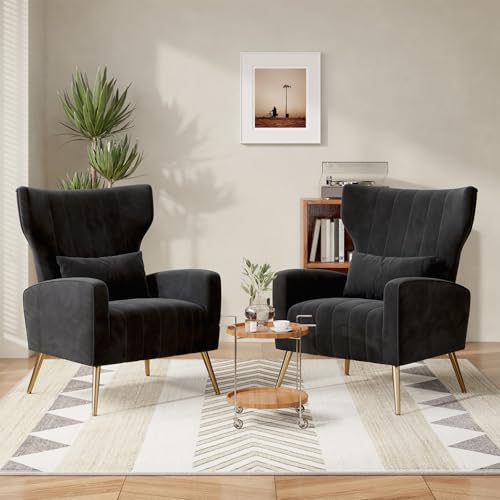 Hawthyhome 2er-Set Relaxsessel/Einzelsofa/Fernsehsessel/Ohrensessel mit Kopfkissen und Gold Metallfüßen aus Samt bis 130kg Schlafzimmer Wohnzimmer Schwarz von Hawthyhome