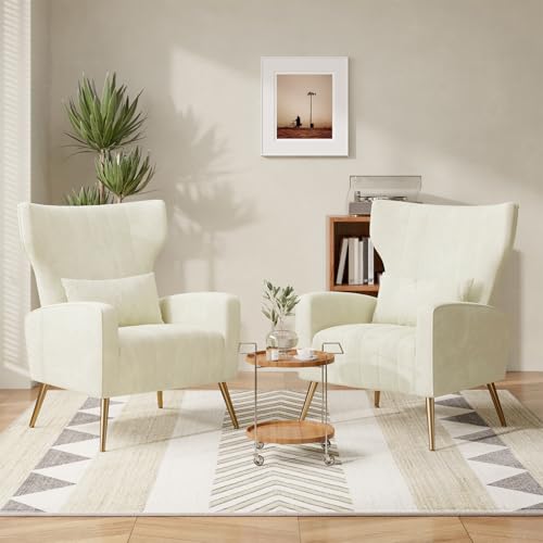 Hawthyhome 2er-Set Relaxsessel/Einzelsofa/Fernsehsessel/Ohrensessel mit Kopfkissen und Gold Metallfüßen aus Samt bis 130kg Schlafzimmer Wohnzimmer Beige von Hawthyhome