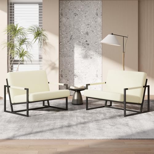 Hawthyhome 2er-Set Sessel Schafwolle Loungesessel aus Kunstleder Extragroß Gepolsterter Sessel mit Armlehnen Loungesessel mit Vollmetallrahmen Wohnzimmer/Schlafzimmer Beige von Hawthyhome