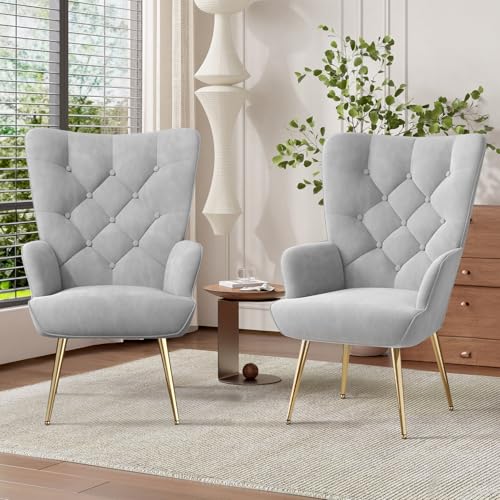 Hawthyhome 2er-Set eleganter Sessel polsterstuhl Ohnzimmer Sessel Schminktisch Stuhl mit Metall Beinen fürs Wohnzimmer/Schlafzimmer Bis 150 KG belastbar Graue von Hawthyhome