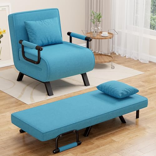 Hawthyhome 4 in 1 Schlafsessel, Schlafsofa mit Bettfunktion, Relaxsessel mit Verstellbare Rückenlehne, Platzsparendes Gästebett, Metallrahmen & Leinen, 150 kg Tragkraft, Abnembarem Kissen, Blau von Hawthyhome