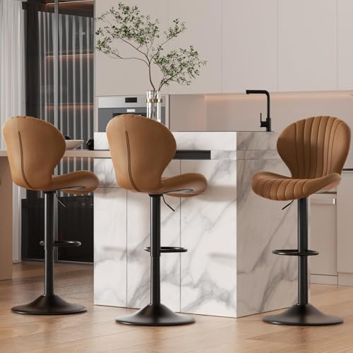 Hawthyhome Barhocker 3er Set |Barhocker Höhenverstellbar mit lehne •Hocker aus Fabric•Küchenstühle mit Fußstütze •Barstühle Drehstühle •360°Drehbar Einfache Montage •Braun von Hawthyhome