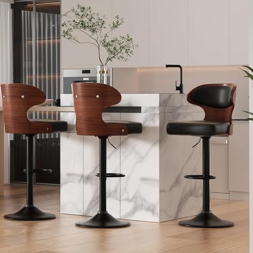 Hawthyhome Barhocker 3er Set |Barstuhl Tresenhocker Bistrohocker •360° Drehstuhl •Küchenstühle mit Rückenlehne und Fußstütze •Stuhl mit Armlehnen •Lobby Tresen Küche Hausbar •Schwarz Nussbaumholz von Hawthyhome