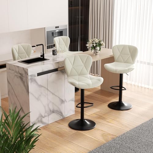 Hawthyhome Barhocker 4er Set |Barstuhl Höhenverstellbar mit Rückenlehne, Höhenverstellbar, 360° Drehbar, Kunstleder, für Esszimmer Heimbar Kücheninsel, 4 x Hocker, Weiß von Hawthyhome
