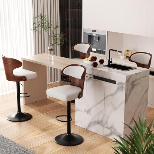 Hawthyhome Barhocker 4er Set |Barstuhl Tresenhocker Bistrohocker •360° Drehstuhl •Küchenstühle mit Rückenlehne und Fußstütze •Stuhl mit Armlehnen •Lobby Tresen Küche Hausbar •Weiß Nussbaumholz von Hawthyhome