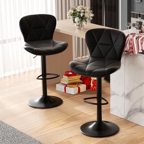 Hawthyhome Barhocker 2er Set |Barstuhl Höhenverstellbar mit Rückenlehne, Höhenverstellbar, 360° Drehbar, Kunstleder, für Esszimmer Heimbar Kücheninsel, 2 x Hocker, Schwarz von Hawthyhome