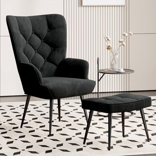Hawthyhome Eleganter Sessel polsterstuhl Ohnzimmer Sessel Schminktisch Stuhl mit Hocker mit Metall Beinen fürs Wohnzimmer/SchlafzimmerBis 150 KG belastbar Schwarz von Hawthyhome