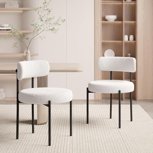 Hawthyhome Esszimmerstühle 2er Set丨Teddy Stoff Runde Boucle Stühle·Mid-Century gepolsterte Küchenstühle·Dining Chairs mit Metallbeinen·Creme beige wei߷FU01031WH-2 von Hawthyhome
