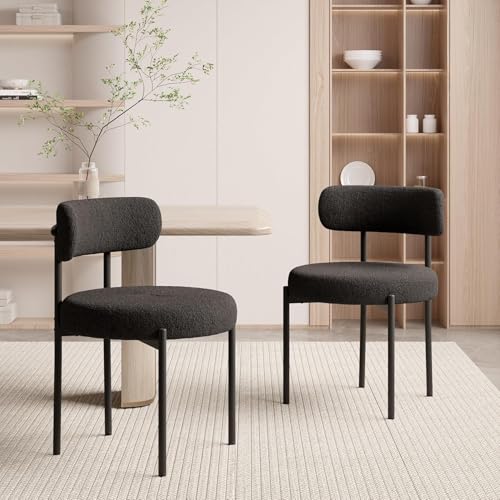 Hawthyhome Esszimmerstühle 2er Set丨Teddy Stoff Runde Boucle Stühle·Mid-Century gepolsterte Küchenstühle·Dining Chairs mit Metallbeinen·schwarz·FU01031BL-2 von Hawthyhome