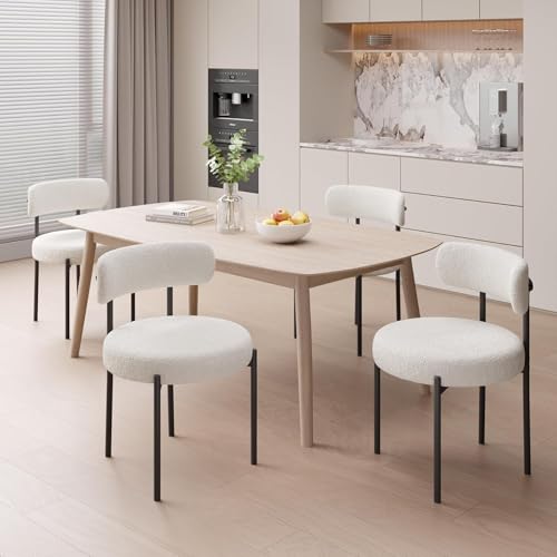 Hawthyhome Esszimmerstühle 4er Set丨Teddy Stoff Runde Boucle Stühle·Mid-Century gepolsterte Küchenstühle·Dining Chairs mit Metallbeinen·Creme beige wei߷FU01031WH-4 von Hawthyhome