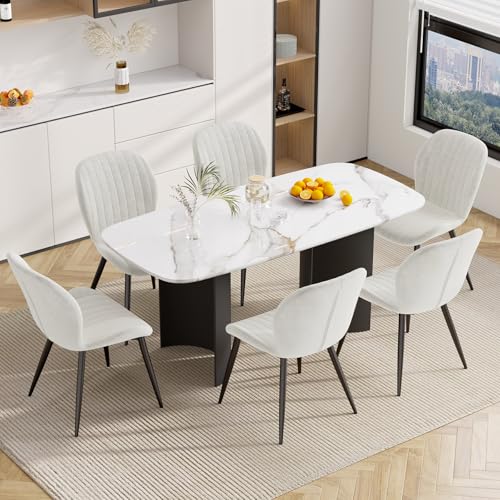 Hawthyhome Esszimmerstühle 6er Set, Küchenstuhl, Stuhl Esszimmer Wohnzimmer, ergonomischer Sessel, Armlehnstuhl, Polsterstuhl, Wasserdichtes Material,Metallbeine, Samt, Creme von Hawthyhome