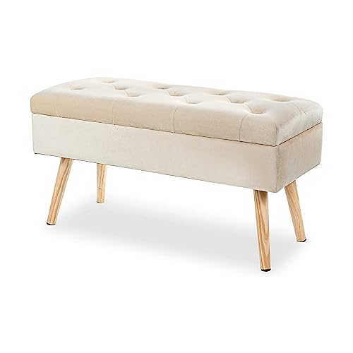 Hawthyhome Gepolstert Sitzbank mit Stauraum, Polsterbank mit samten Aufbewahrungsbox, Fußhocker mit Holzbeine für Flur Wohnzimmer Schlafzimmer 80 × 35 × 43 cm Cream von Hawthyhome