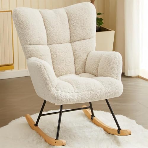 Hawthyhome Schaukelstuhl Relaxstuhl Sessel Stuhl Wohnzimmersessel, Schaukelsessel Gepolsterter Schwingsessel bis 136 kg belastbar Weiß Lounge Chair fürs Wohnzimmer Schlafzimmer Balkon von Hawthyhome