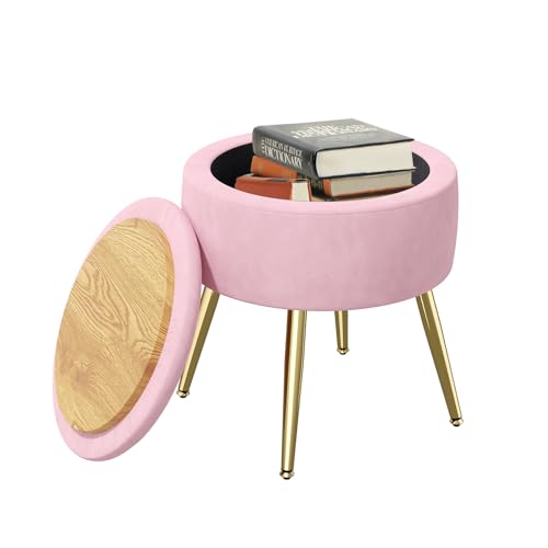 Hawthyhome Hocker Mit Stauraum Runder Sitzhocker Schminktisch Hocker Ottomanrund Gepolsterter Hocker Abnehmbarer Bezug Metallstütze,Rosa von Hawthyhome