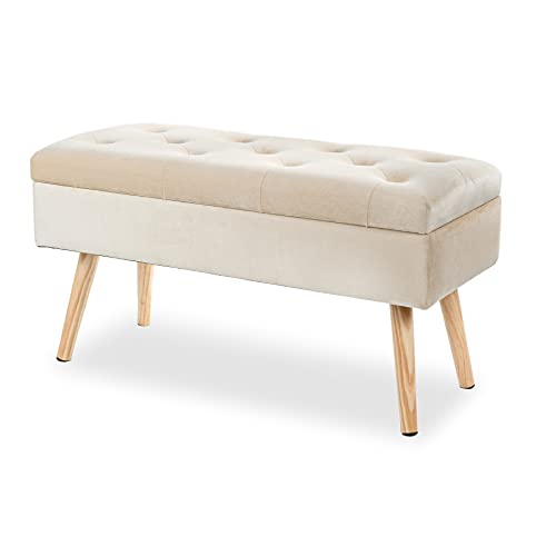 Hawthyhome Gepolstert Sitzbank mit Stauraum, Polsterbank mit samten Aufbewahrungsbox, Fußhocker mit Holzbeine für Flur Wohnzimmer Schlafzimmer 80 × 35 × 43 cm Cream von Hawthyhome