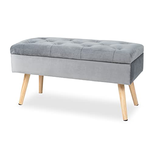 Hawthyhome Gepolstert Sitzbank mit Stauraum, Polsterbank mit samten Aufbewahrungsbox, Fußhocker mit Holzbeine für Flur Wohnzimmer Schlafzimmer 80 × 35 × 43 cm Grau von Hawthyhome