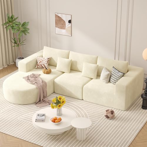 Hawthyhome Sofa mit Schlaffunktion rahmenloses Ecksofa L-Form Couch Installation-Free Cordstoff Ecksofa mit Links-Chaiselongue für Wohnzimmer 3 sitzer 264x177x59cm Beige von Hawthyhome