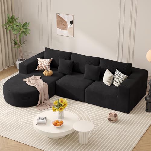 Hawthyhome Sofa mit Schlaffunktion rahmenloses Ecksofa L-Form Couch Installation-Free Cordstoff Ecksofa mit Links-Chaiselongue für Wohnzimmer 3 sitzer 264x177x59cm Schwarz von Hawthyhome