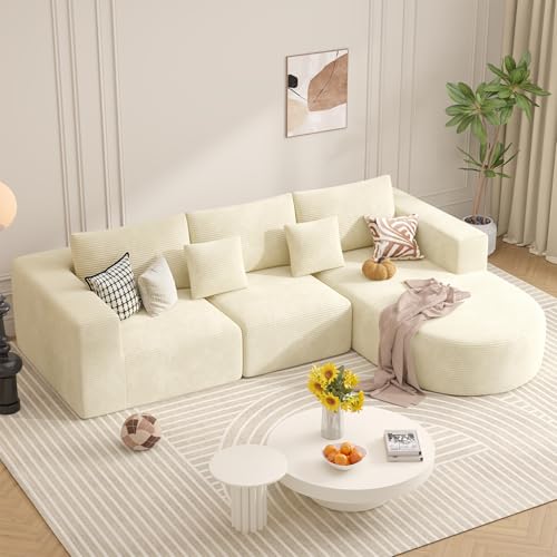 Hawthyhome Sofa mit Schlaffunktion rahmenloses Ecksofa L-Form Couch Installation-Free Cordstoff Ecksofa mit Rechts-Chaiselongue für Wohnzimmer 3 sitzer 264x177x59cm Beige von Hawthyhome