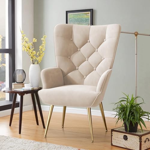 Hawthyhome eleganter Sessel polsterstuhl Ohnzimmer Sessel Schminktisch Stuhl mit Metall Beinen fürs Wohnzimmer/SchlafzimmerBis 150 KG belastbar Beige von Hawthyhome