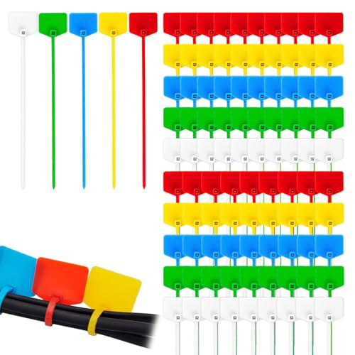 Wasserdichte Kunststoffetiketten, mehrfarbig, selbstschließend, Nylon-Kabelbinder, Kabelbinder, Markierbinder, beschreibbare Markierbänder, Gepäck-Identifikationsetiketten, 5 Farben, 100 Stück von Haxisii