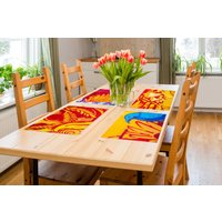 Rot Und Gelb Gedruckte Vinyl-Tischsets, Set Von 2-12 Tischsets, Dekorative Esstisch-Tischsets, Housewarming-Geschenkidee von HayaGoldArt