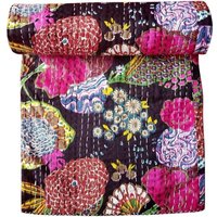 Queen Kantha Quilt Handgemachte Floral Twin/Queen Cotton Tagesdecke Überwurf Gudari, Schneller Versand/Sofa Cover/Schwarze Farbe von HayaatCraftsStore