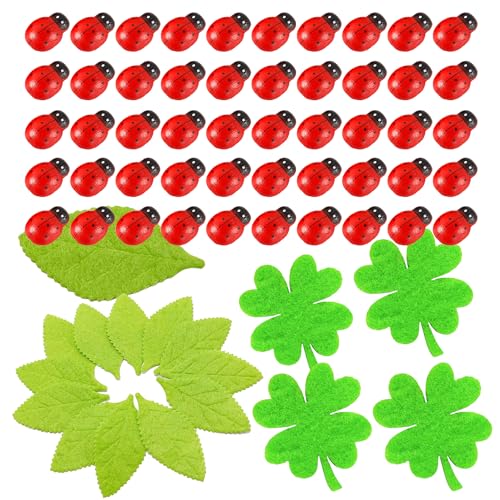 Hayaww 50 stück Holz Selbstklebend Marienkäfer 50 stück Filzkleeblätter Glücksbringer Holz Marienkäfer Glückskäfer aus Holz Käfer deko Mini Marienkäfe Dekoration Geschenkkarte DIY Bastelparty Deko von Hayaww