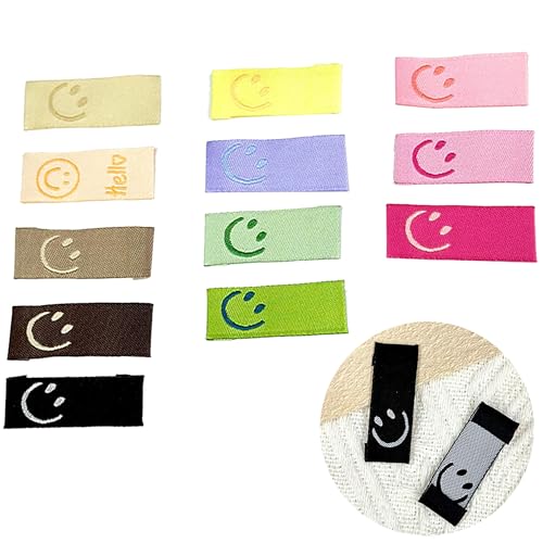 Hayaww 60 pcs Handmade Stoffetiketten Handemade Label zum einnähen Handgefertigte Etiketten Paket Nähzubehör Mit liebe Genäht Annähen Einnäher Web Label Etikett nähen labels Smiley-Gesicht Etikett (A) von Hayaww