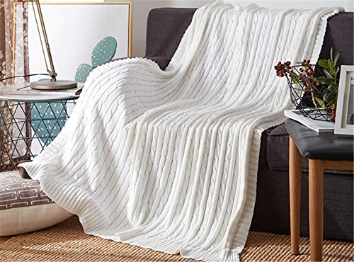 Hayisugal Kuscheldecke 100% Baumwolle Sofa Decke Extra groß Überwurf Strickdecke Wohndecke leicht & kuschelig Wolldecke Sommerdecke für Sofa, Bett, Weiß, 120 x 180cm von Hayisugal
