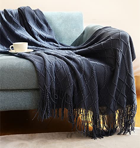 Hayisugal Sofadecke Boho Decke Strick Decke Tagesdecke Wohndecke weich Gestrickte Decke Wendedecke Kuscheldeck Couchdecke überwurf Decke Reise, Dunkelblau, 130 x 150cm von Hayisugal